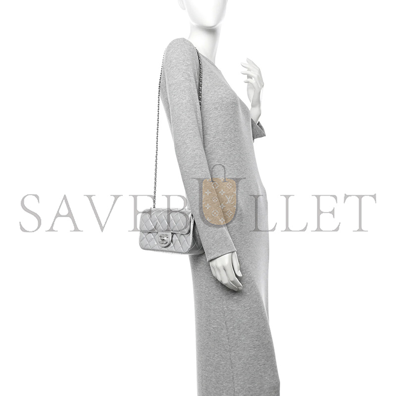 CHANEL METALLIC CAVIAR QUILTED MINI RECTANGULAR CC SLIDE FLAP SILVER AS5759 (20*13*7cm)